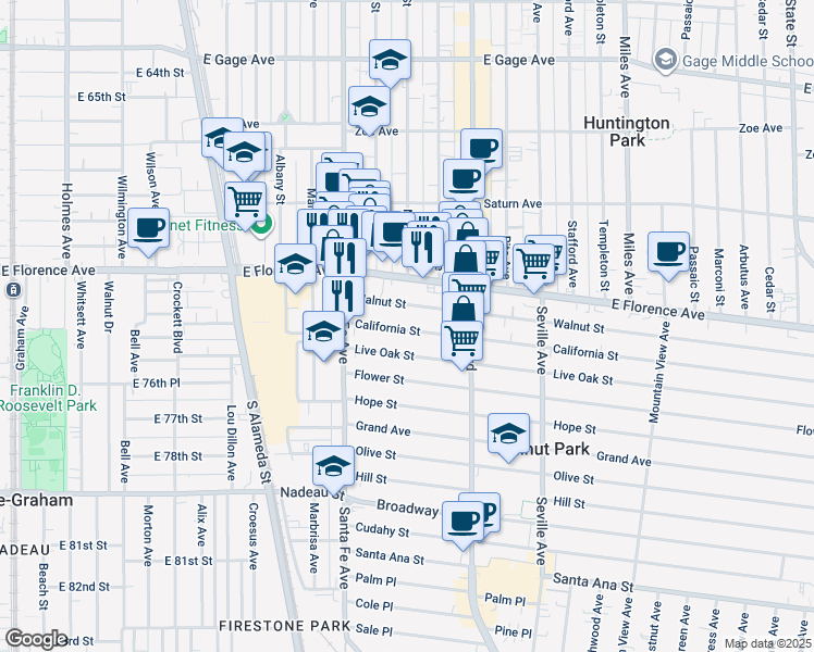 map of restaurants, bars, coffee shops, grocery stores, and more near 2454 Walnut Street in Huntington Park