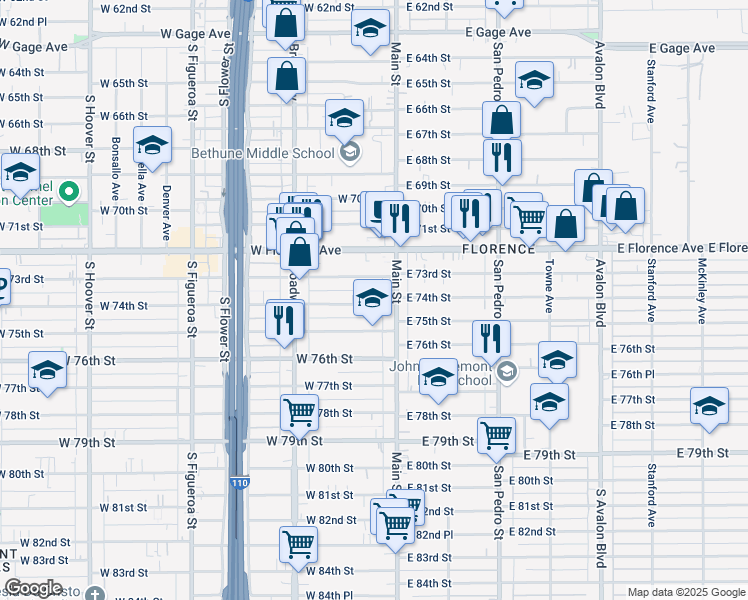 map of restaurants, bars, coffee shops, grocery stores, and more near 126 West 73rd Street in Los Angeles