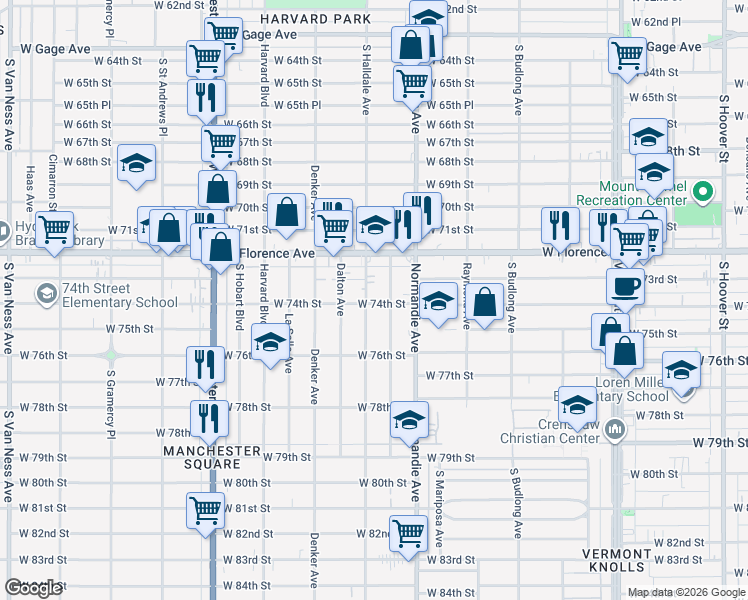 map of restaurants, bars, coffee shops, grocery stores, and more near 7306 South Halldale Avenue in Los Angeles