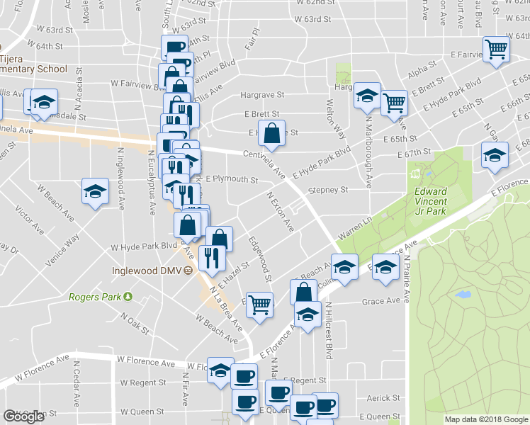 map of restaurants, bars, coffee shops, grocery stores, and more near 324 East Hyde Park Boulevard in Inglewood