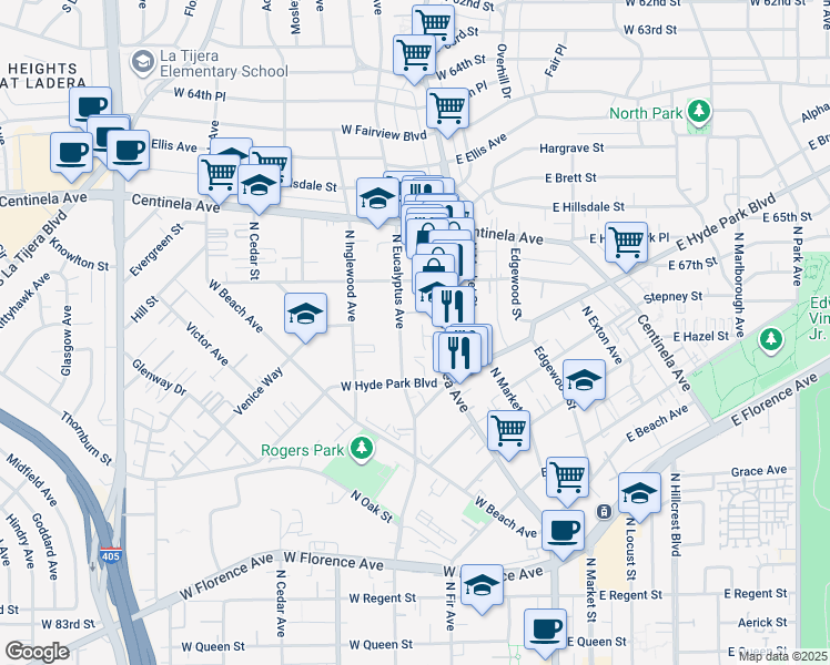 map of restaurants, bars, coffee shops, grocery stores, and more near 810 North Eucalyptus Avenue in Inglewood