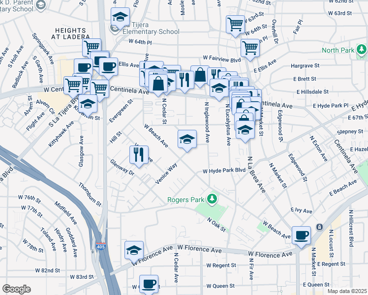map of restaurants, bars, coffee shops, grocery stores, and more near 830 North Acacia Street in Inglewood