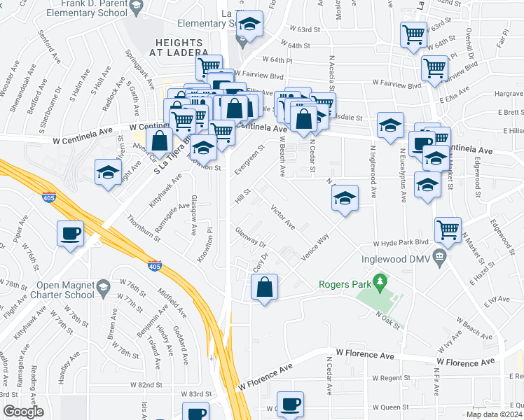 map of restaurants, bars, coffee shops, grocery stores, and more near 905 Victor Avenue in Inglewood