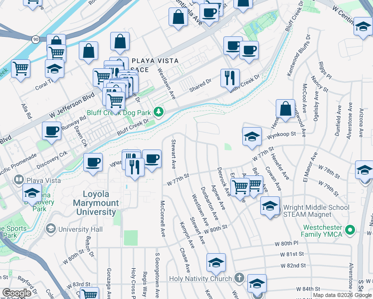 map of restaurants, bars, coffee shops, grocery stores, and more near 7411 Westlawn Avenue in Los Angeles