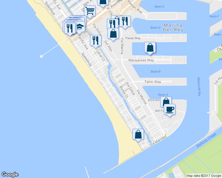 map of restaurants, bars, coffee shops, grocery stores, and more near 28 Ketch Street in Marina del Rey