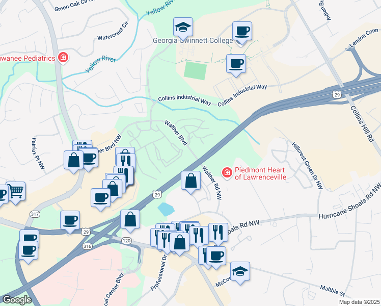 map of restaurants, bars, coffee shops, grocery stores, and more near 855 Walther Boulevard in Lawrenceville