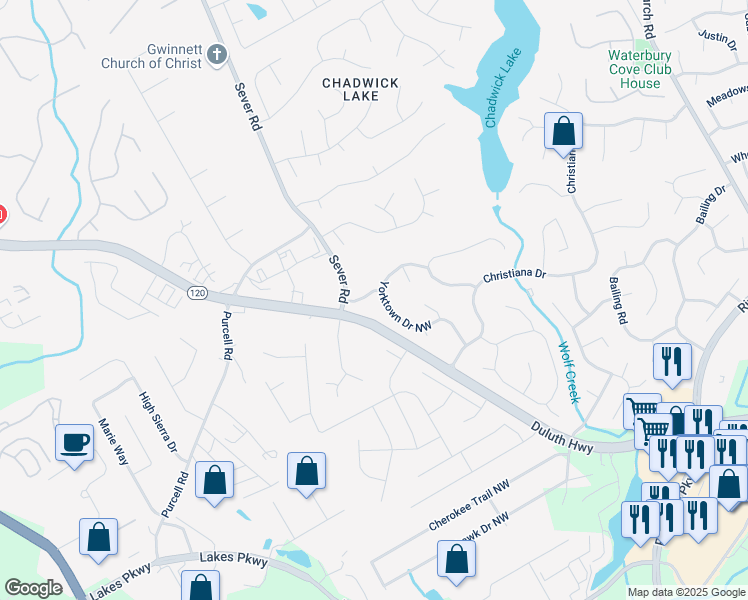 map of restaurants, bars, coffee shops, grocery stores, and more near 1464 Yorktown Drive Northwest in Lawrenceville