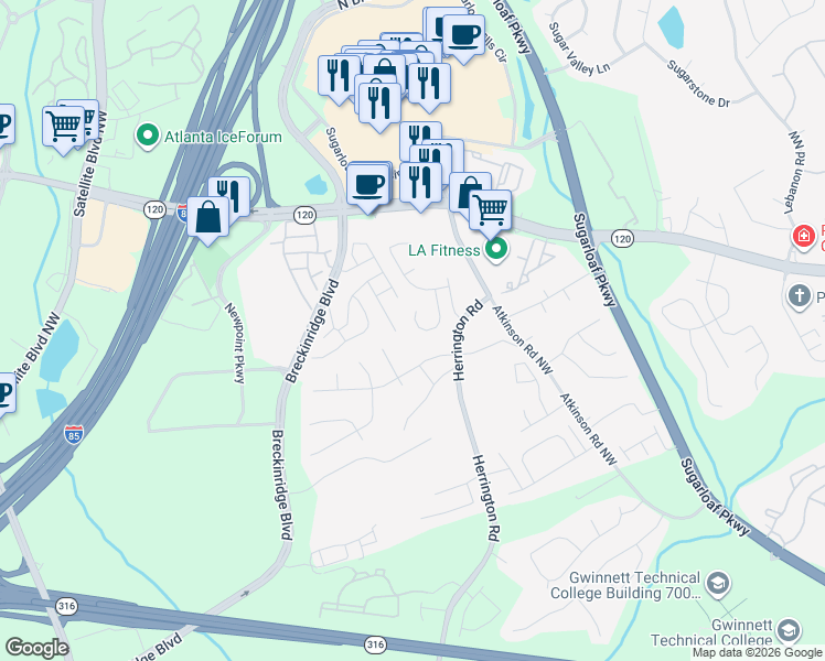 map of restaurants, bars, coffee shops, grocery stores, and more near 1735 Stoneoak Circle in Lawrenceville