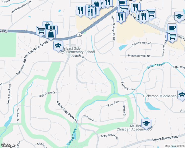 map of restaurants, bars, coffee shops, grocery stores, and more near 960 Muirfield Drive Northeast in Marietta