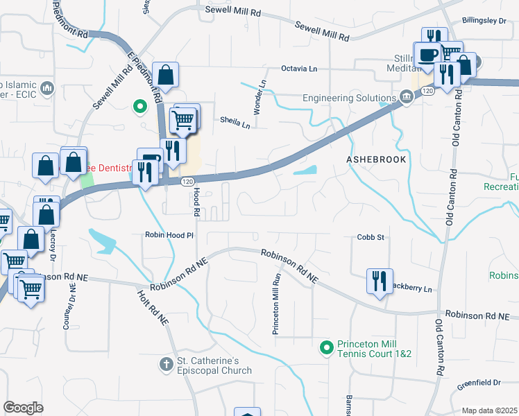 map of restaurants, bars, coffee shops, grocery stores, and more near 977 Bridgegate Drive Northeast in Marietta