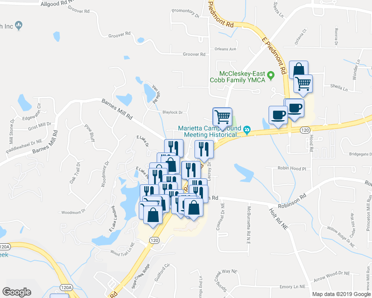 map of restaurants, bars, coffee shops, grocery stores, and more near 882 Halston Court in Marietta