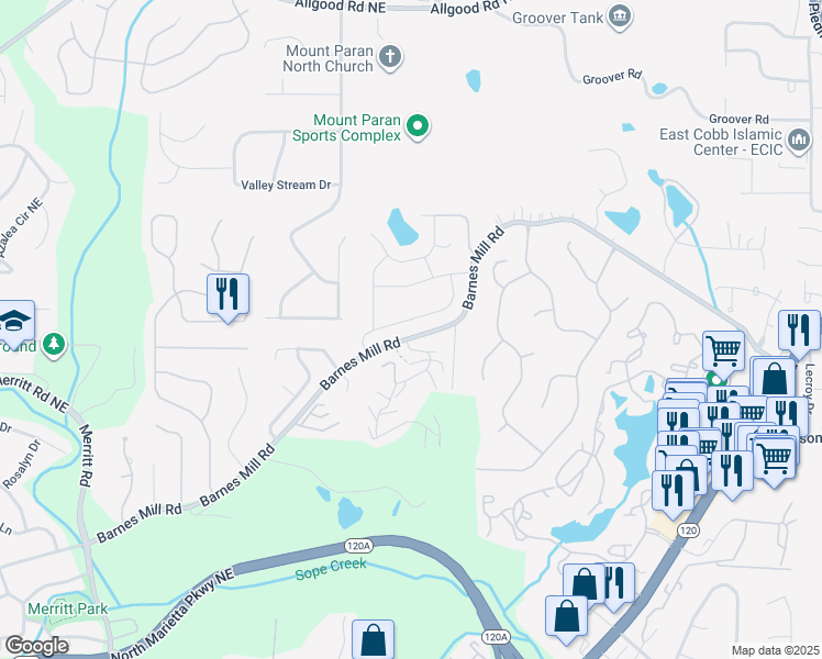 map of restaurants, bars, coffee shops, grocery stores, and more near 1671 Paddlewheel Drive Northeast in Marietta