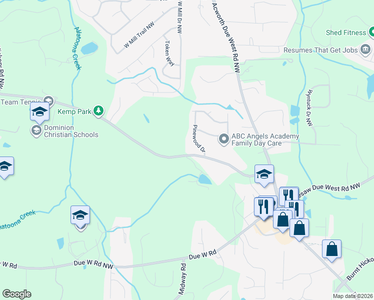 map of restaurants, bars, coffee shops, grocery stores, and more near 4180 Burnt Hickory Road Northwest in Marietta