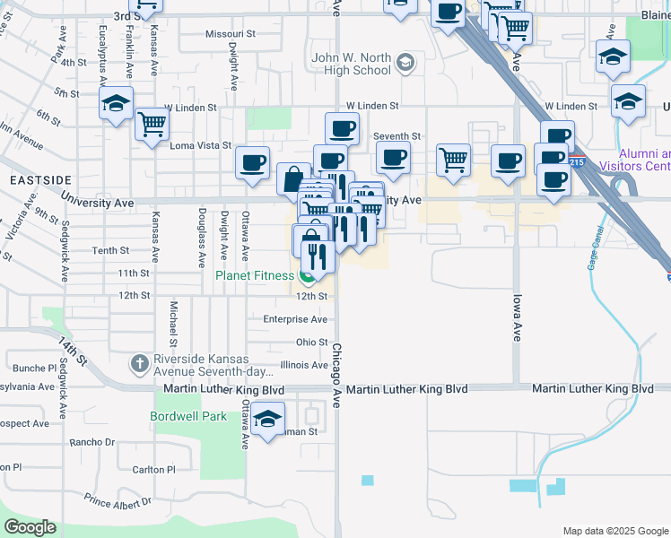 map of restaurants, bars, coffee shops, grocery stores, and more near Chicago Avenue in Riverside