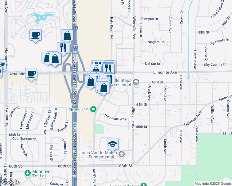 map of restaurants, bars, coffee shops, grocery stores, and more near 11805 Silver Loop in Jurupa Valley