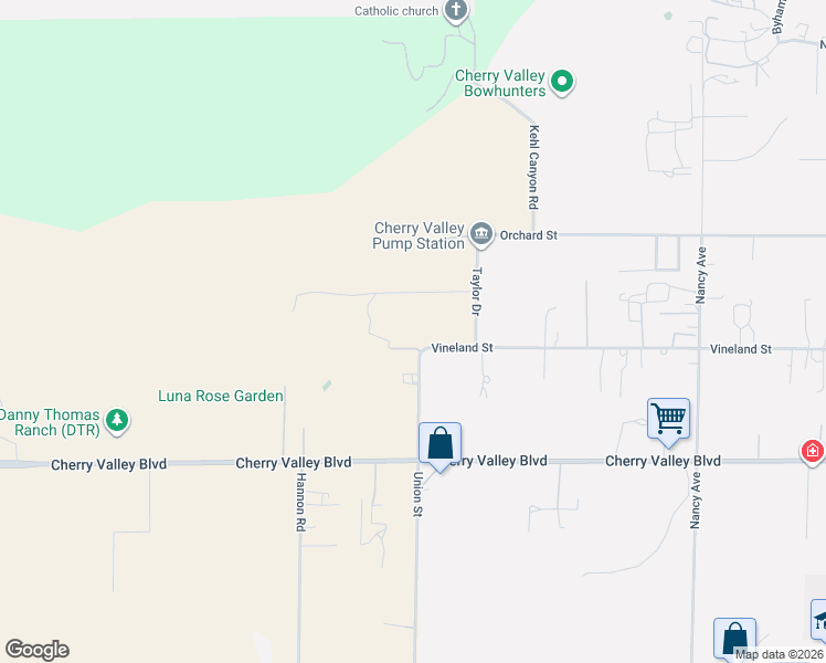 map of restaurants, bars, coffee shops, grocery stores, and more near 37885 Golden Valley Lane in Cherry Valley