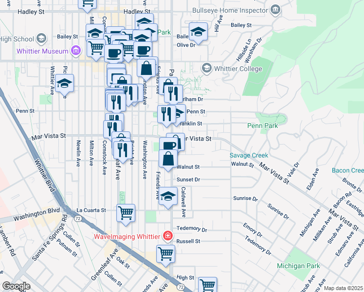 map of restaurants, bars, coffee shops, grocery stores, and more near 13422 Mar Vista Street in Whittier
