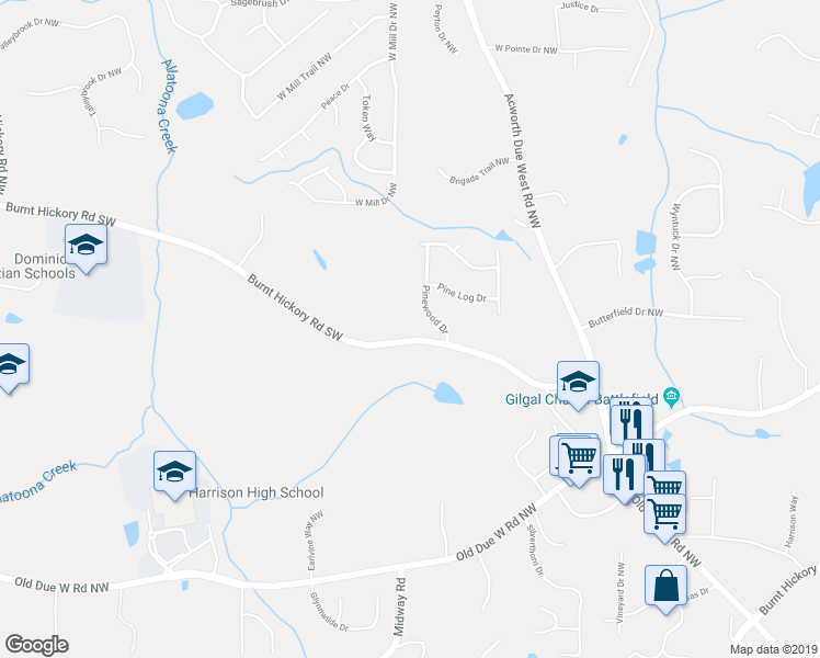 map of restaurants, bars, coffee shops, grocery stores, and more near 4180 Burnt Hickory Road Northwest in Marietta