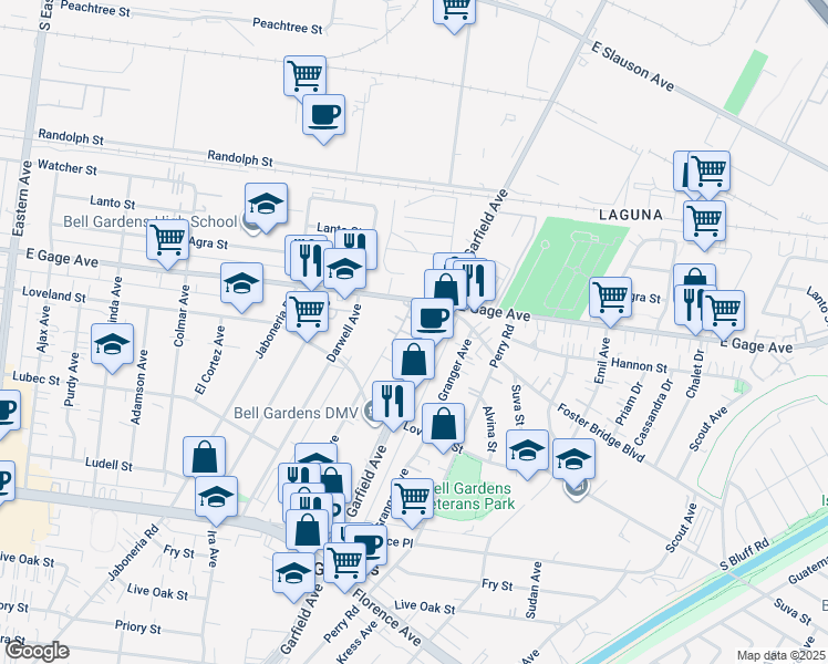 map of restaurants, bars, coffee shops, grocery stores, and more near 6382 Gage Avenue in Bell Gardens