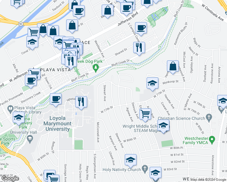 map of restaurants, bars, coffee shops, grocery stores, and more near 7432 Westlawn Avenue in Los Angeles