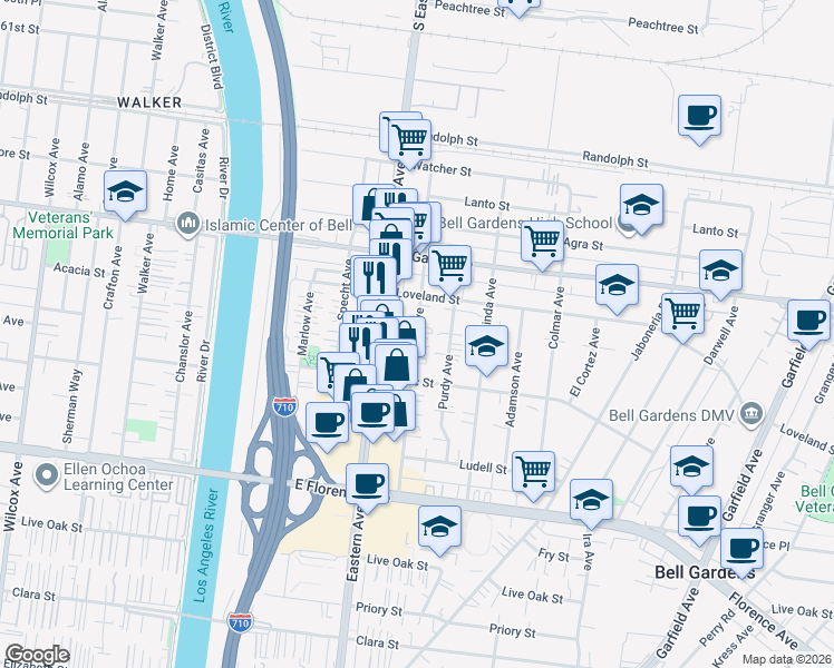 map of restaurants, bars, coffee shops, grocery stores, and more near Ajax Avenue in Bell Gardens