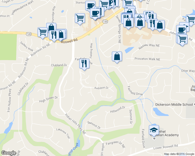 map of restaurants, bars, coffee shops, grocery stores, and more near 960 Muirfield Drive Northeast in Marietta