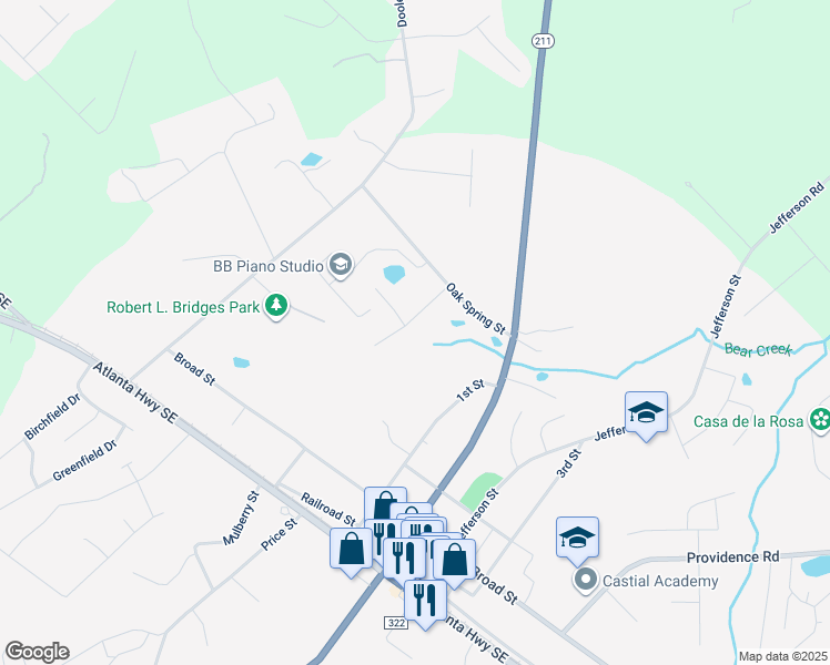 map of restaurants, bars, coffee shops, grocery stores, and more near 218 Baker Street in Statham