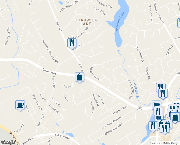 map of restaurants, bars, coffee shops, grocery stores, and more near 1464 Yorktown Drive Northwest in Lawrenceville
