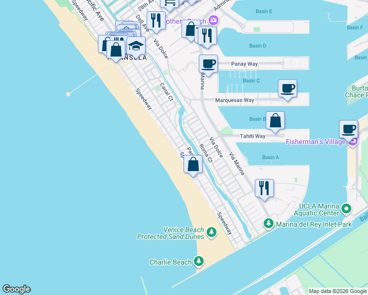 map of restaurants, bars, coffee shops, grocery stores, and more near 24 Lighthouse Street in Marina del Rey