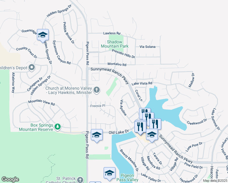 map of restaurants, bars, coffee shops, grocery stores, and more near 10189 Via Pescadero in Moreno Valley