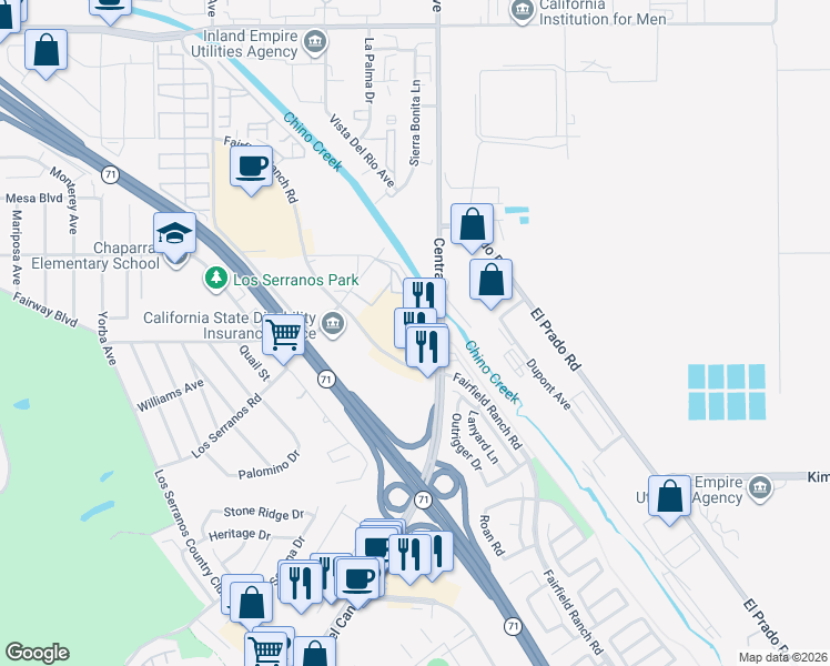 map of restaurants, bars, coffee shops, grocery stores, and more near 15370 Fairfield Ranch Road in Chino Hills