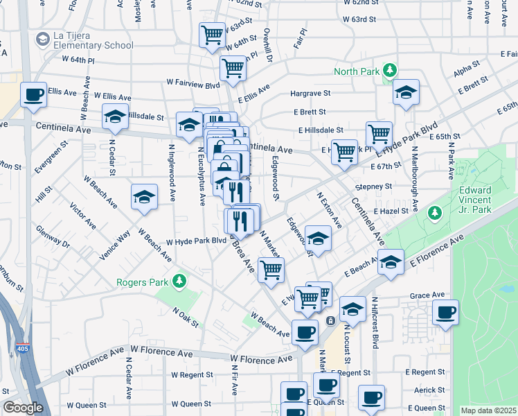 map of restaurants, bars, coffee shops, grocery stores, and more near 804 North Market Street in Inglewood