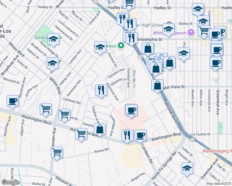 map of restaurants, bars, coffee shops, grocery stores, and more near 12329 Primrose Avenue in Whittier