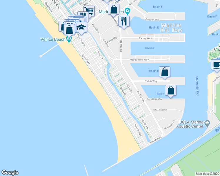 map of restaurants, bars, coffee shops, grocery stores, and more near 24 Lighthouse Street in Marina del Rey