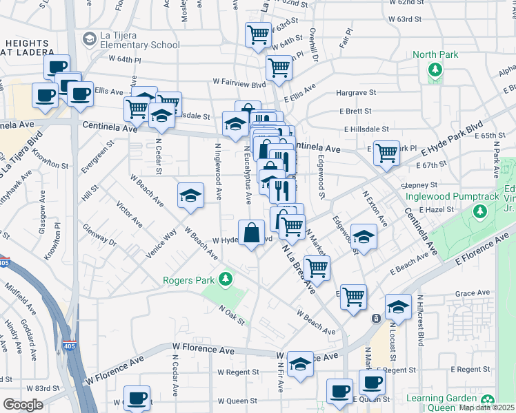 map of restaurants, bars, coffee shops, grocery stores, and more near 810 North Eucalyptus Avenue in Inglewood