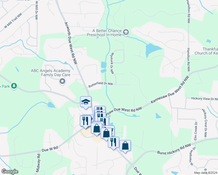 map of restaurants, bars, coffee shops, grocery stores, and more near 3869 Butterfield Drive Northwest in Kennesaw