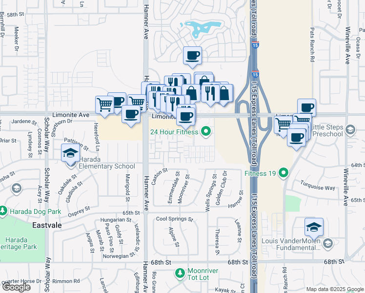 map of restaurants, bars, coffee shops, grocery stores, and more near 12454 Quintessa Lane in Eastvale