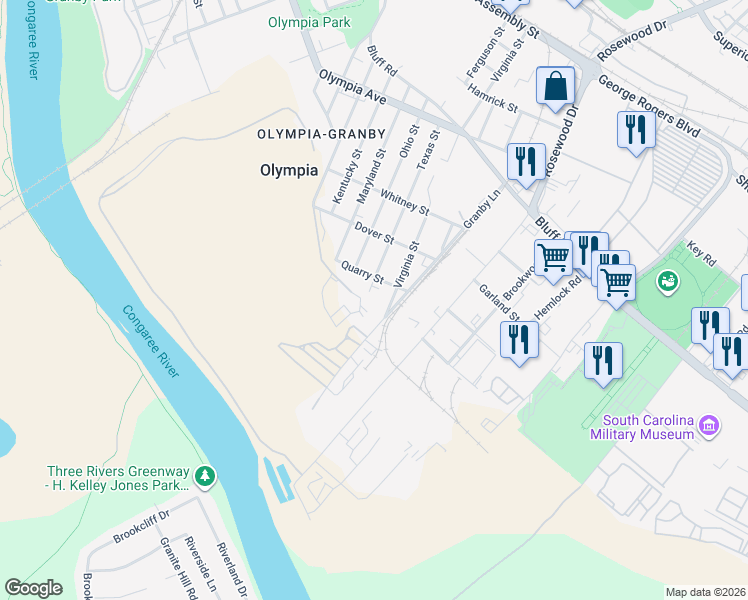map of restaurants, bars, coffee shops, grocery stores, and more near 960 Texas Street in Columbia