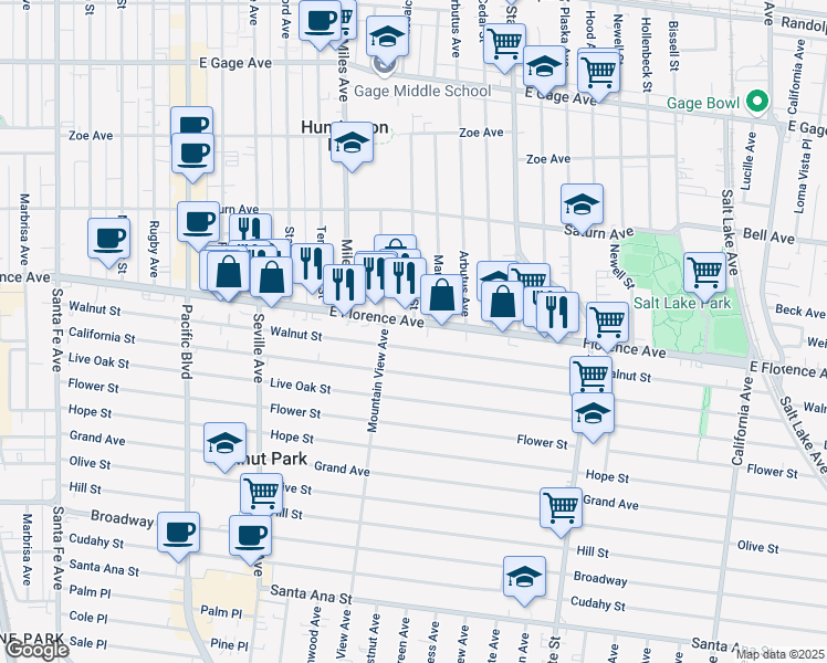 map of restaurants, bars, coffee shops, grocery stores, and more near 2931 East Florence Avenue in Huntington Park