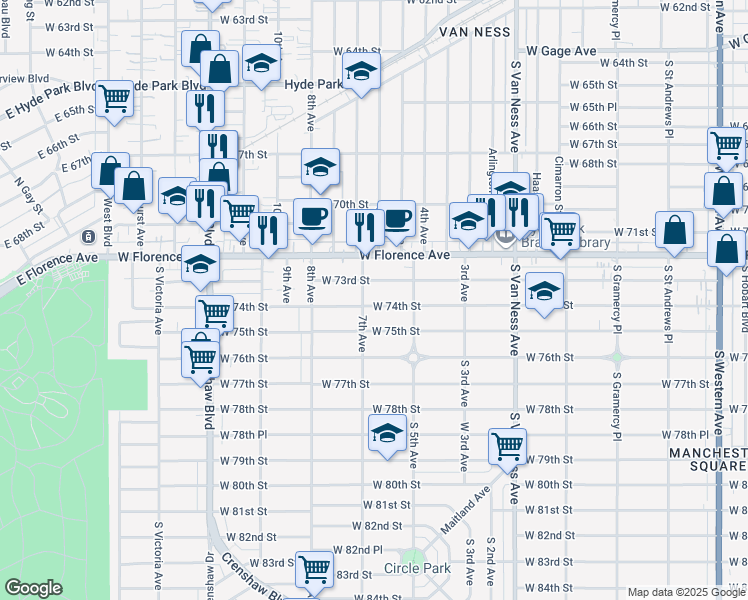 map of restaurants, bars, coffee shops, grocery stores, and more near 2717 West 74th Street in Los Angeles