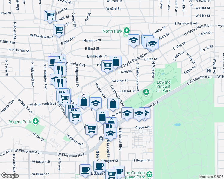 map of restaurants, bars, coffee shops, grocery stores, and more near 566 Centinela Avenue in Inglewood
