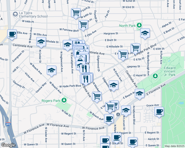 map of restaurants, bars, coffee shops, grocery stores, and more near 804 North Market Street in Inglewood