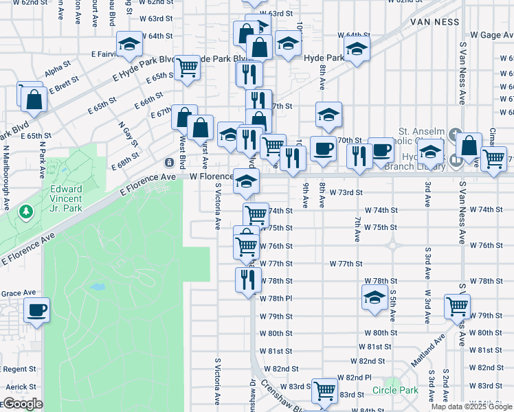 map of restaurants, bars, coffee shops, grocery stores, and more near 7324 Crenshaw Boulevard in Los Angeles