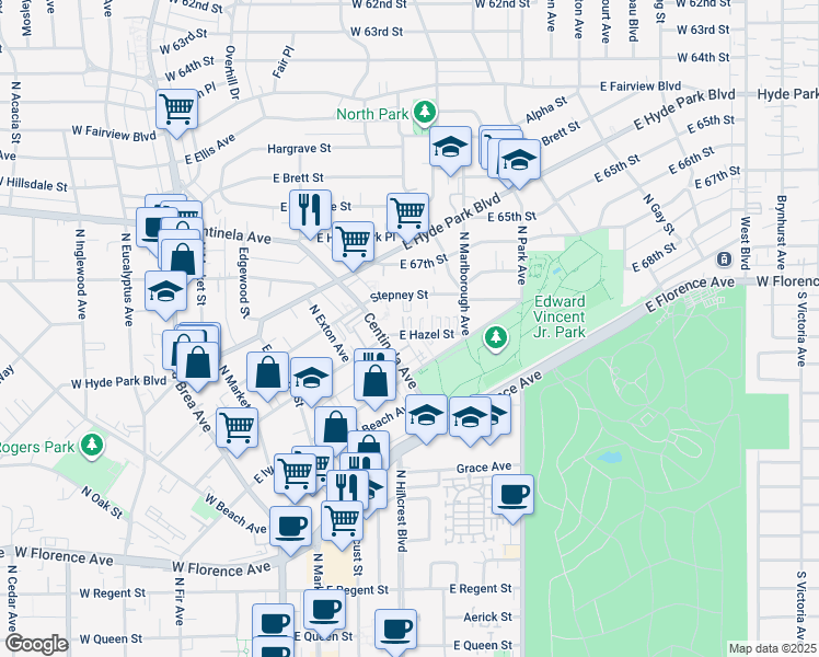 map of restaurants, bars, coffee shops, grocery stores, and more near 534 Stepney Street in Inglewood