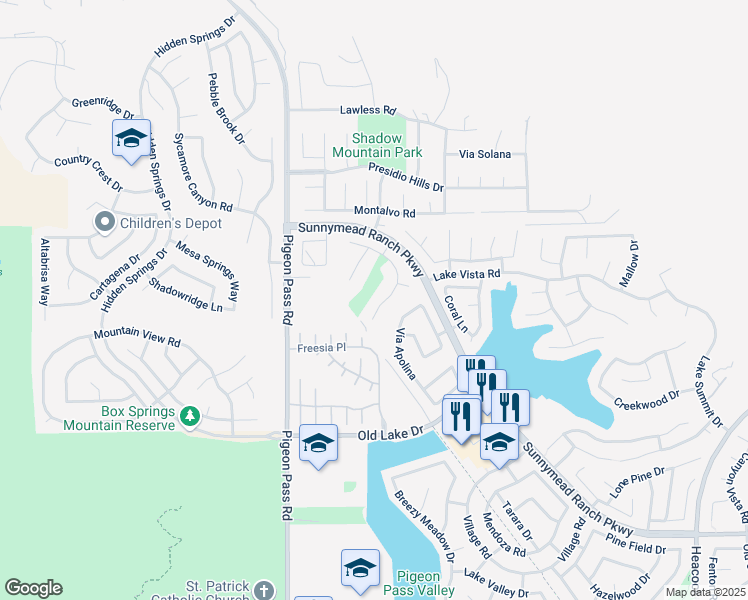 map of restaurants, bars, coffee shops, grocery stores, and more near 10189 Via Pescadero in Moreno Valley