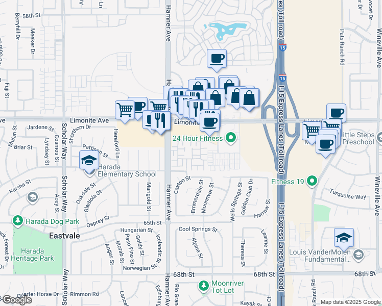 map of restaurants, bars, coffee shops, grocery stores, and more near 6333 Amadora Lane in Eastvale
