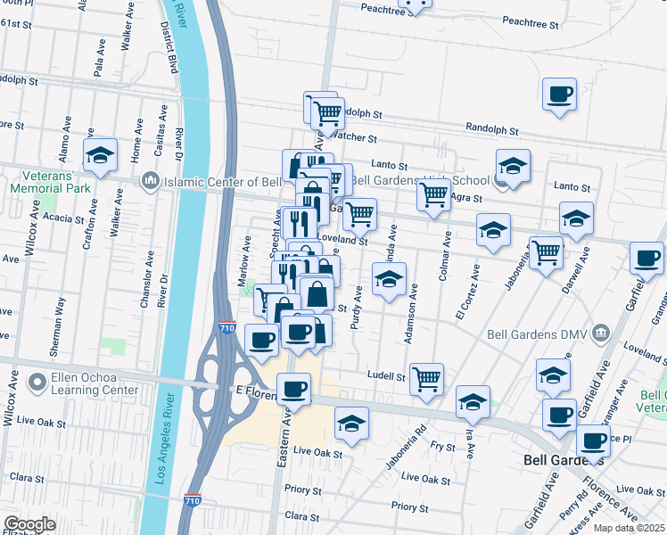 map of restaurants, bars, coffee shops, grocery stores, and more near Ajax Avenue in Bell Gardens