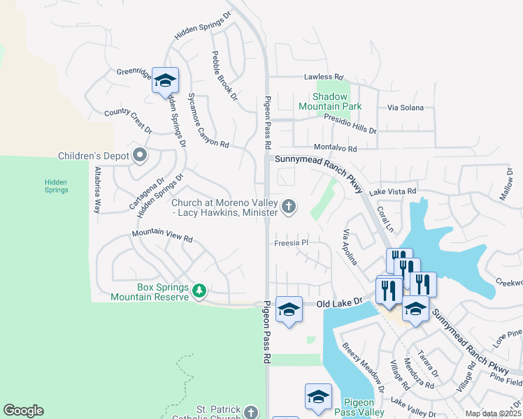 map of restaurants, bars, coffee shops, grocery stores, and more near 10206 Sycamore Canyon Road in Moreno Valley