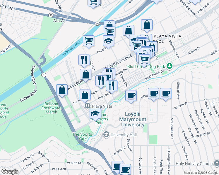 map of restaurants, bars, coffee shops, grocery stores, and more near 6020 South Seabluff Drive in Los Angeles