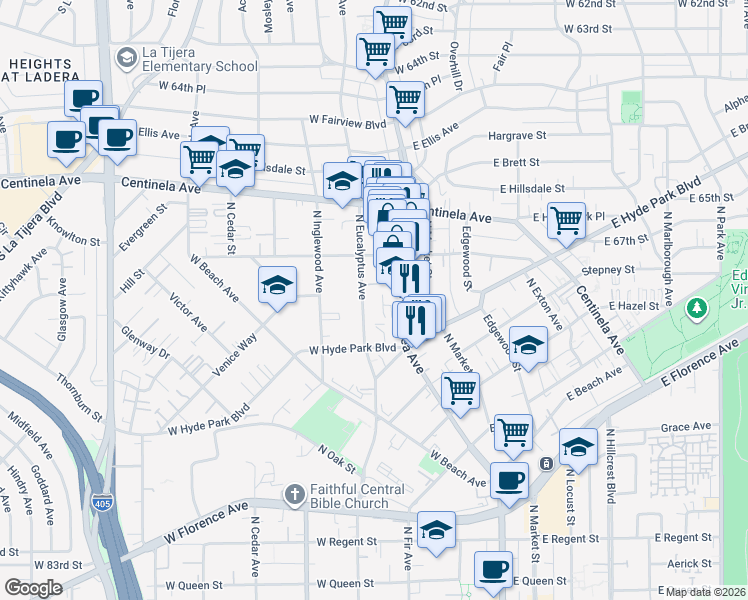 map of restaurants, bars, coffee shops, grocery stores, and more near 746 North Eucalyptus Avenue in Inglewood